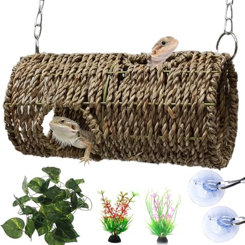 Hanging Reptile Hide Cave,Natural Seagrass Fiber Bearded Dragon Hammock Hideout,Reptile Shelter Sleeping Cave Swing Climbing Toys Terrarium Decor for Lizard Gecko Snake Hermit Crabs(Round)