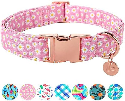 Daisy Summer Cotton Dog Collar with Metal Buckle Gift Pink Collar for Small Medium Large Girls or Boys Dogs Cute Durable Comfortable Pet Collars
