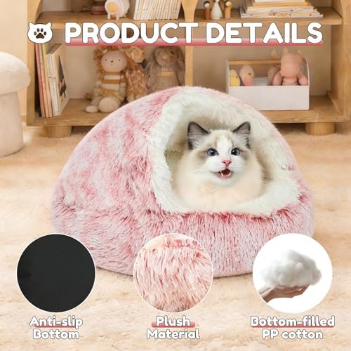 YUDANSI Cat Bed Hooded for Indoor Cats, Dog Bed with Large Covered Hood for Small Dogs Cats Puppy Kitty, Anti Anxiety Donut Cuddler, Anti Slip Plush Faux Fur Enclosed Pet Nest (Washable)(Pink-20inch)