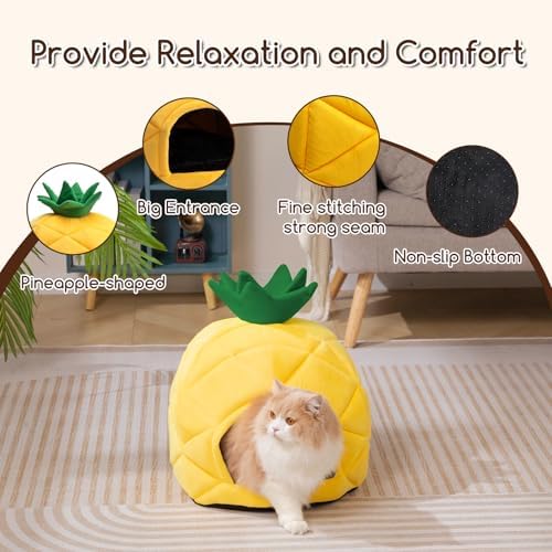 Hollypet Cat Bed Cave for Indoor Cats for Pets up to 15 lbs, Pineapple