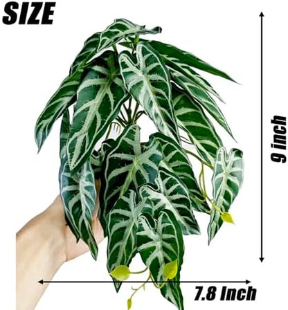 Woyrise 2 Pack Reptile Plants, Terrarium Hanging Plant Vines, Artificial Leaves with Suction Cup, Bearded Dragon Tank Accessories for Gecko Lizard Snake Frog Tortoise Decorations - Alocasia Velvet
