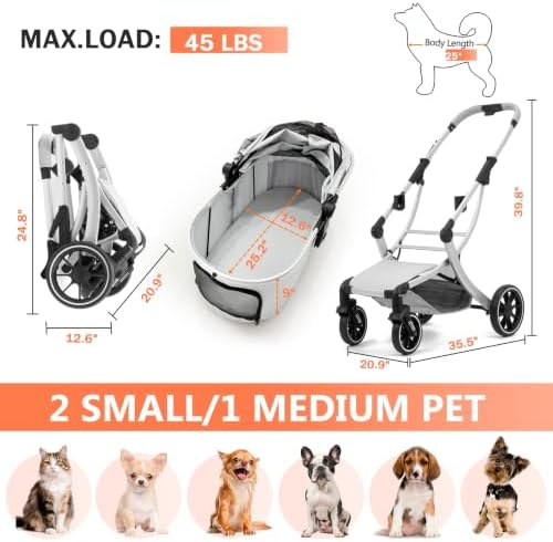 3 in 1 Pet Stroller for Small/Medium Dogs & Cats with Detachable Carrier, Storage Basket and Pet Pad, 4 Wheels Foldable Pet Travel Carrier for Car Seat & Hand Carry, Safe Outings (Grey)