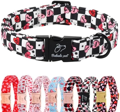 Valentines Dog Collar for Puppy Small Dogs - Unique Black White Plaid Girl Boy Valentine Heart Dog Collars, Adjustable Heavy Duty Pet Collar with Metal Buckle XS