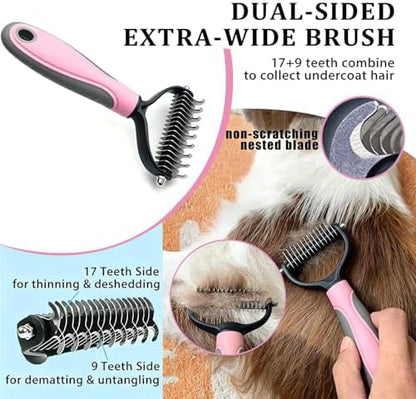 7PCS Dog Grooming Brush Kit for Shedding and Matted Fur, Self-Cleaning Slicker Brush with Undercoat Rake, Flea Comb for Long-Haired Pets, Pink