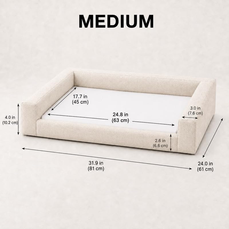 Mini Cloud Bed - Removable and Washable Covers - Upholstered Minimalist Modern Luxury - Toddler Baby Pet Dog Cat Nursery (Waterproof Beige Linen, Medium)