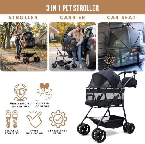 Bicystar 3 in 1 Pet Stroller, Cat Stroller w/Detachable Carrier, Black