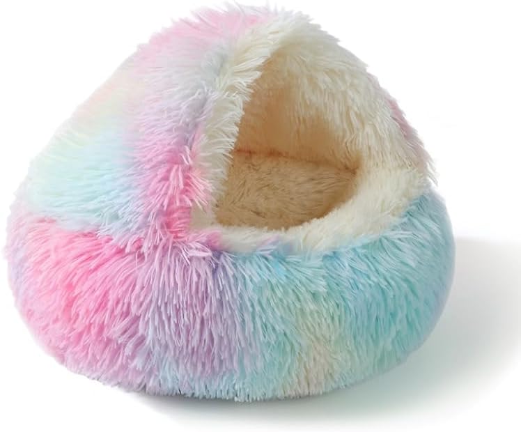 Round Fluffy Hooded Cat Bed Cave, Anti-Anxiety Cave Bed with Blanket