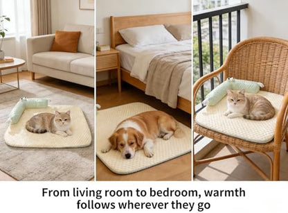 L-Shaped Pet Bed Mat with Pillow, Breathable Machine Washable Cushion for Cats, Kittens, Small Pets (Beige)