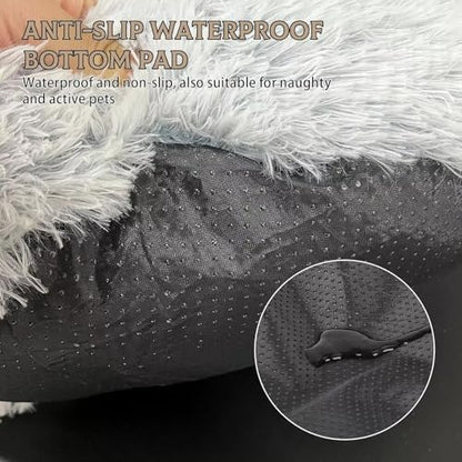 Cat Bed Round Fluffy Hooded Cat Bed Cave, Anti-Anxiety Cave Bed with Hooded Blanket, Cozy Cuddler Luxury Puppy Pet Bed, Anti-Slip Bottom and Machine Washable (Grey, Medium)