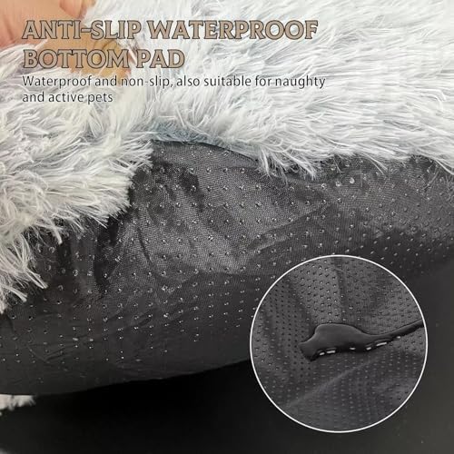 Cat Bed Round Fluffy Hooded Cat Bed Cave, Anti-Anxiety Cave Bed with Hooded Blanket, Cozy Cuddler Luxury Puppy Pet Bed, Anti-Slip Bottom and Machine Washable (Grey, Large)