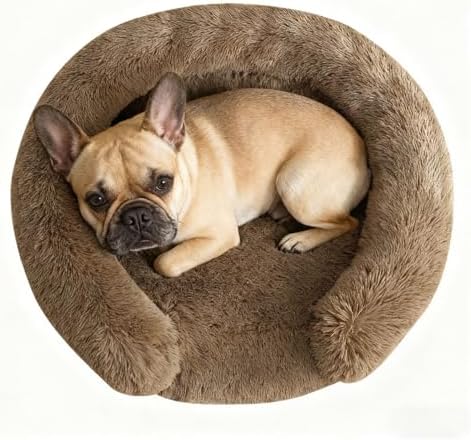Calming Dog & Cat Beds with Orthopedic Egg-Crate Foam Raised Rim, Soft Fluffy Faux Fur Pet Bed for Small Medium Dogs, Anxiety Relief Spine Support, Machine Washable Cover (Round, Coffee 23")