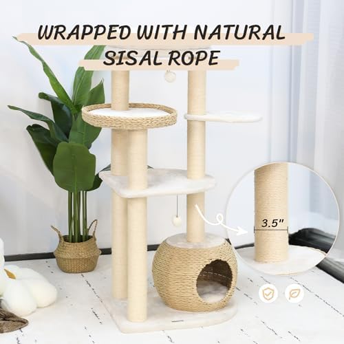 KAMABOKO Modern Cat Tree, 53" Tall Cat Trees for Indoor Cats w/Natural Sisal Scratching Posts, Hand-Woven Condo & Top Perch, Cat Tree for Kittens Climb Play & Rest