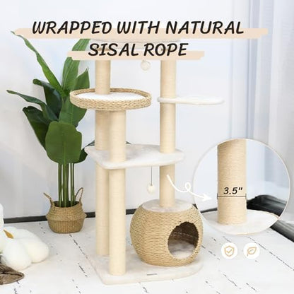 KAMABOKO Modern Cat Tree, 53" Tall Cat Trees for Indoor Cats w/Natural Sisal Scratching Posts, Hand-Woven Condo & Top Perch, Cat Tree for Kittens Climb Play & Rest