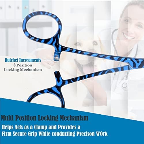 Dog Pet Ear/Nose Hair Puller Grooming Hemostat Locking Forceps Curved Pliers, 5.5" (14cm) Full Serrated Clamps Stainless Steel (Blue Candy Swirls)