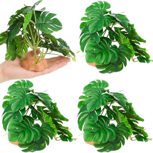 Suncalla 4 Pack Reptile Plants for Terrarium Decor, Snake Tank Accessories, Amphibian Habitat Decor, and Artificial Plants with Base for Bearded Dragon, Gecko, Lizard, Chameleon(Monstera Deliciosa)