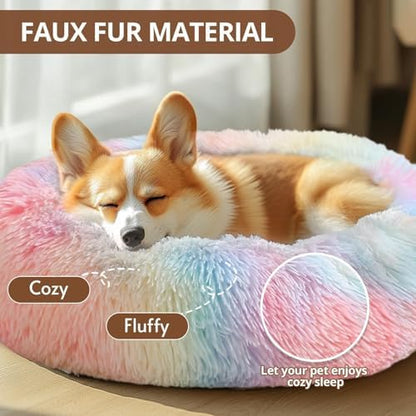 JOLLYVOGUE Calming Dog Bed Medium Size Dog, Anti-Anxiety Donut Medium Pet Bed, 27 inches Fluffy Faux Fur Round Cat Bed (Rainbow)