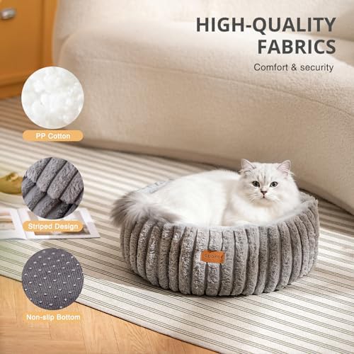 Cat Bed, Washable Round Cat Beds for Indoor Cats, Super Soft Faux Rabbit Fur Pet Bed for Puppy and Kitten with Anti-Slip Bottom (Grey, 20"x20"x8")
