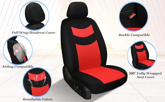 Tapha Universal Car Seat Covers Full Set - Front and Rear Split Bench, Easy to Install, Breathable and Washable Universal Interior Covers for Auto, SUV, Sedan, Van, Airbag Compatible, Black & Red