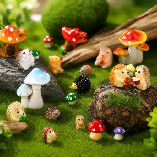 Woanger 30 Pcs Fairy Garden Accessories Hedgehog Mushroom Figurines, Vivid
