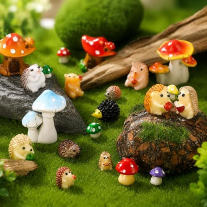 Woanger 30 Pcs Fairy Garden Accessories Hedgehog Mushroom Figurines, Vivid