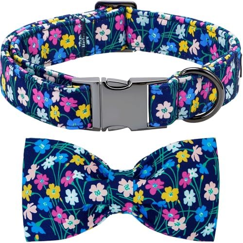 Dog Collars, Spring Summer Floral Print Pet Collar Navy Blue Adjustable Cotton Dog Collar with Bow Metal Buckle Bowtie Collars for Small Dogs