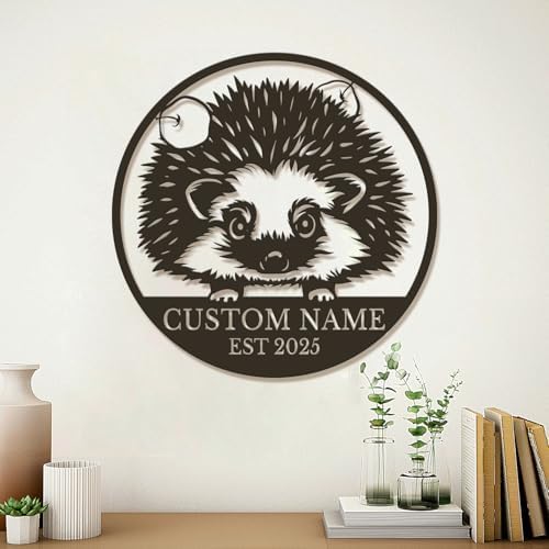 Custom Hedgehog Metal Sign, Personalized Name Wall Art, Unique Home Decor Gift, Garden Memorial Marker, Housewarming Present for Hedgehog Lovers (Style-4)