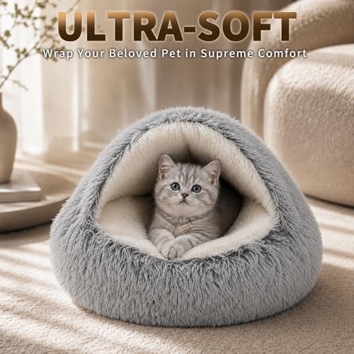ShinHye Cat Bed Round Plush Fluffy Hooded Cat Bed Cave, Cozy for Indoor Cats or Small Dog beds, Soothing Pet Beds Doughnut Calm Anti-nxiety Dog Bed - Waterproof Bottom Washable (20×20inch, Grey)