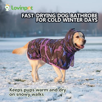 LovinPet 3-in-1 Dog Warm Winter Coat & Bathrobe, Black Dinosaur Fleece, 2XL