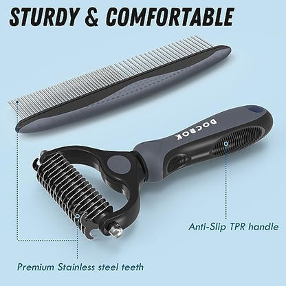Docrok Pet Grooming Brush and Metal Comb Combo for Dogs & Cats, Gray