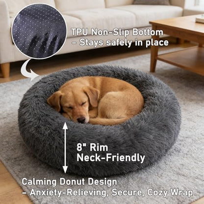Calming Donut Dog Beds Large Sized Dog - Washable Removable Cover Non-Slip, Round Pet Bed Warming Fluffy Plush Faux Fur Anti-Anxiety Thick Cushion, Fits up to 80 lbs (Dark Grey, 36")