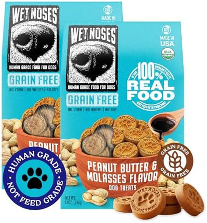 Wet Noses Organic Crunchy Dog Treats – All-Natural, Human-Grade, Non-GMO, Healthy Training & Delicious Snacks for Dogs, for All Dog Sizes & Breeds – Grain Free Peanut Butter & Molasses, 14oz (2 Pack)