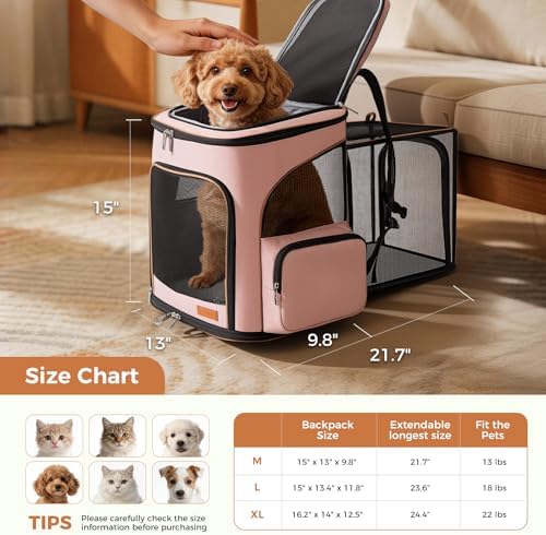 Lekereise Large Cat Backpack Carrier Expandable Pet Carrier Backpack for Small Dogs Medium Cats Fit Up to 18 Lbs, Foldable Puppy Backpack Carrier for Travel, Hiking, Pink
