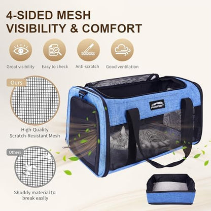 Pet Carrier Airline Approved, Soft Sided Cat Carrier for Small Pets up to 13 lbs, TSA Approved Dog Travel Bag, Portable Soft Sided Pet Carrier for Kittens and Puppies (Blue, Travel Litter Box)