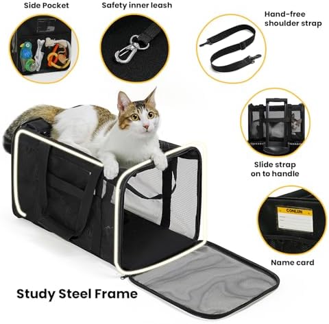 Conlun Cat Carrier Bag,Soft-Sided Pet Carriers for Dogs with 4-Sided Mesh,Airline Approved Cat Transport Carrier for Small&Medium Cats Kitten Puppy Up to 15Lb,Collapsible Cat Travel Carrier-M,Black