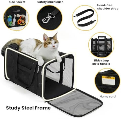 Conlun Cat Carrier Bag,Soft-Sided Pet Carriers for Dogs with 4-Sided Mesh,Airline Approved Cat Transport Carrier for Small&Medium Cats Kitten Puppy Up to 15Lb,Collapsible Cat Travel Carrier-M,Black