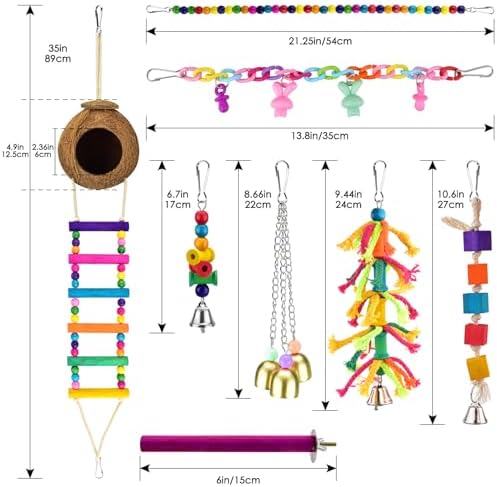 KATUMO Bird Toys, Parrot Swing Parakeet Ladder Conure Wood Perch Bird Chew Toys Cockatiel Hanging Bell Toys for Parakeet, Conure, Cockatiel, Mynah, Love Birds, Finch, Small Pet Birds