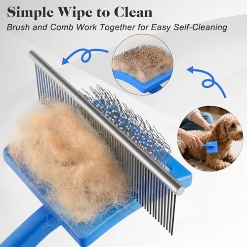 2PCS Slicker Brush for Dogs & Pet Comb,Professional Dog Grooming Brush (Goldendoodles,Poodles,Labradoodles) with Extra Long Pins to Effectively Remove Tangles, Knots and Mats (Blue, Gentle Large)