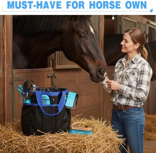 Abbylike 12 Piece Horse Grooming Kit with Organizer Tote Bag Brush Sets for Derby Day Show Horses Professional Tools for Care & Massage(Blue)