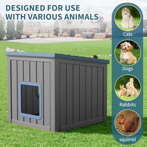NUNU LAB Cat Litter Box Enclosure, Outdoor Cat House – Weatherproof & UV Resistant PP Material Shelter with Sloped Asphalt Roof, Durable Cat Condo for Garden, Patio, and Backyard (Blue, Large)