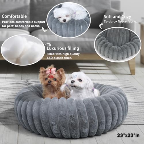 Dog Beds Small Sized Dog Washable Calming Anti-Anxiety Donut Puppy Bed for Small Dogs and Cats,Cozy Soft Anti-Slip Round Large Cat Bed 23 Inch Fits up to 20 lbs Pets,Warm Grey