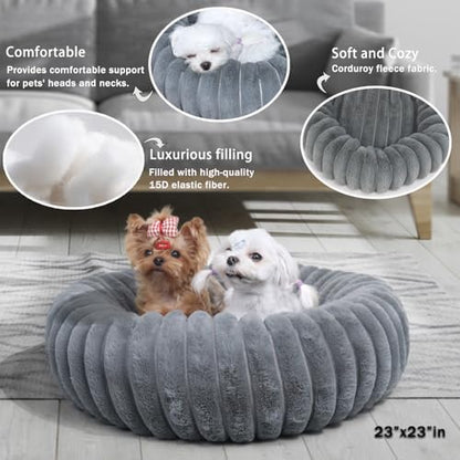 Dog Beds Small Sized Dog Washable Calming Anti-Anxiety Donut Puppy Bed for Small Dogs and Cats,Cozy Soft Anti-Slip Round Large Cat Bed 23 Inch Fits up to 20 lbs Pets,Warm Grey