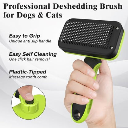 2PCS Self Cleaning Slicker Brush & Dog Comb - Skin Friendly Deshedding Grooming Tool for Dogs, Cats and Small Animals, Professional Deshedding Dematting Tool for Long and Short Haired Pets (Green)