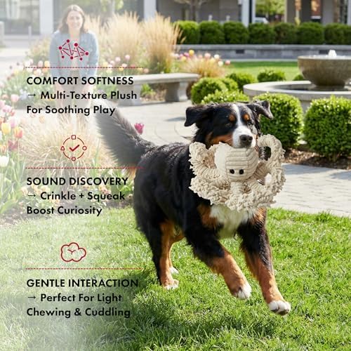 Petlou Durable Natural Nubby Plush Dog Toys with Squeaker and Crinkle Paper in Multi-Size (Natural Octopus, 9 Inch)
