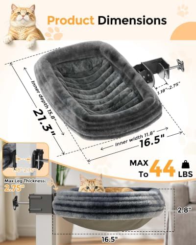 JOY worker Cat Desk Bed, Clamp-on Leg 90° Upward Foldable Cat Hammock Perch