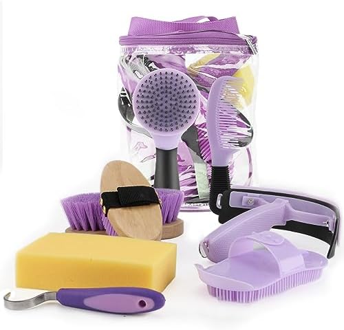 Horse Grooming Kit, 9-Piece Horse Brush Set with Tote Bag, Purple