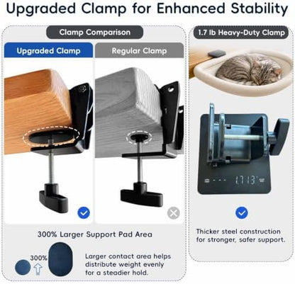 Cat Desk Bed with 2 Covers - Glow in the Dark Plush & Breathable Mesh, Foldable Cat Hammock Perch with Larger Contact Clamp, Removable Washable Covers, Metal Frame, Grey, 50 lb Weight Capacity