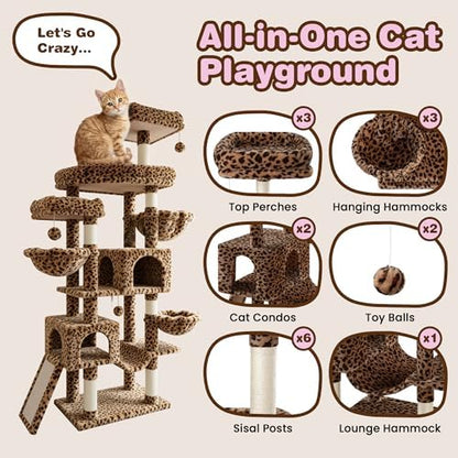 SHA CERLIN 82 inch Cat Tree Tower, Multi-Level Cat Condo with Plush Perches, Sisal Scratching Posts, Hammock and Toys, Stable Cat Tower for Kittens and Adult Cats, Leopard Print