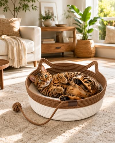 Cat Bed Handwoven Rope Basket Instinct for Indoor Cotton Natural Woven Hanging Scratcher Cushion Sleep Scratch Play Scratching Round Toy BEF Holder