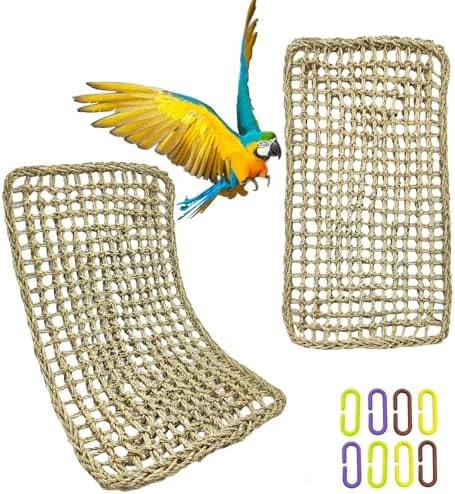Large Bird Seagrass Mat 24 × 14 ''Natural Seagrass Woven Bird Net Hammock Climbing Rope Ladder with Hooks Chew Toy for Parrot Guinea Pig Lovebird Cockatiel Pigeon