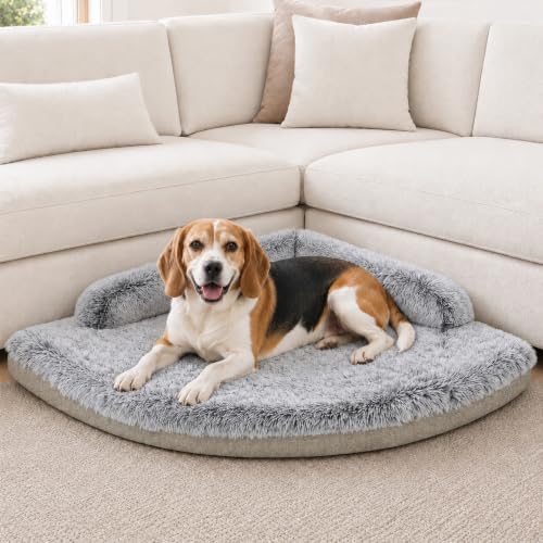 Corner Dog Bed Large, 36" Calming Fluffy Orthopedic Pet Beds, Beige